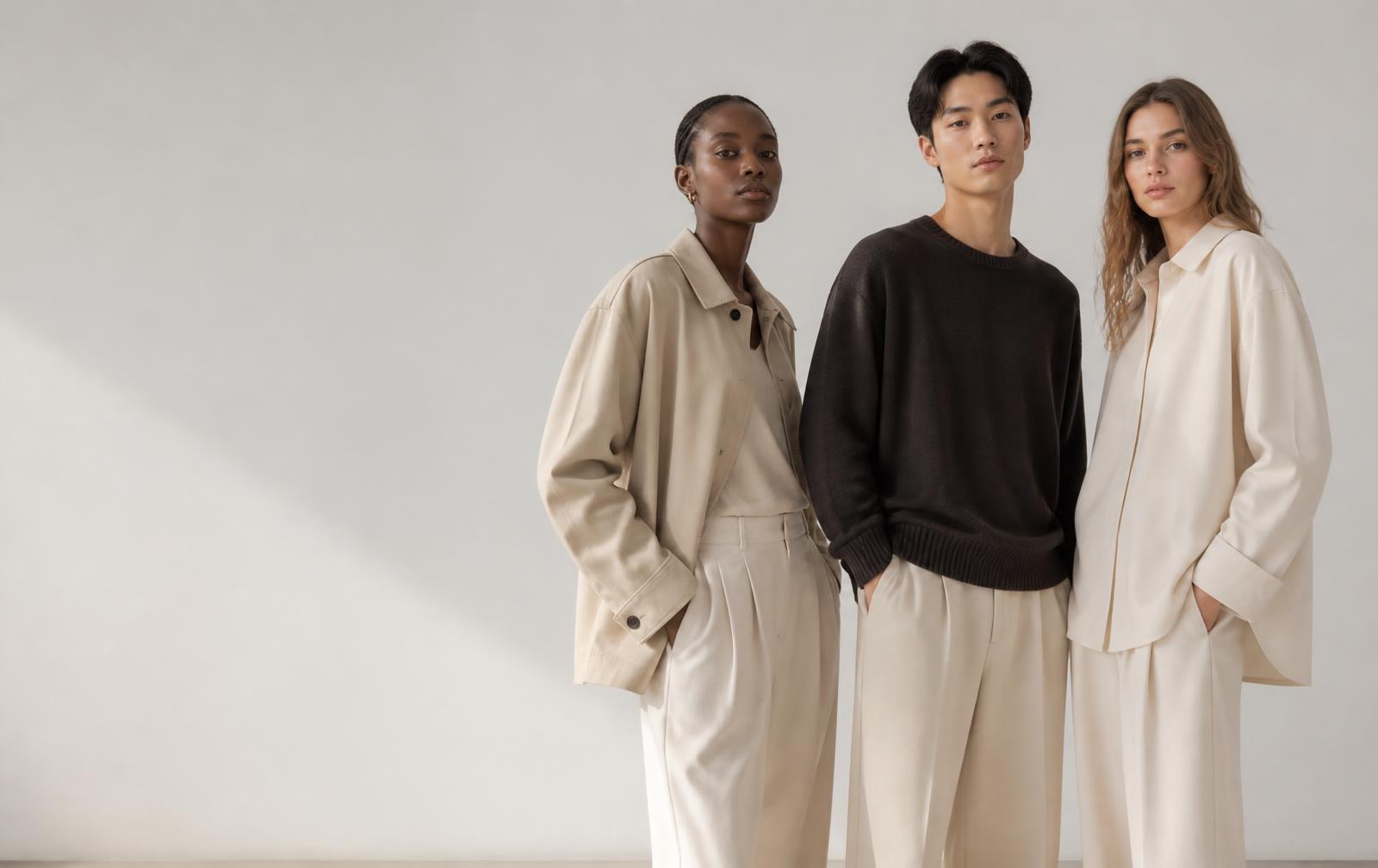 Three models wearing modern minimalist neutral clothing in a studio